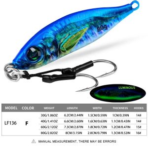 1pcs30g 40g 60g 80gFast Sinking LuminousSlow Jig Casting Metal Jig Trout Fishing Lure BaitArtificial Hard Jigging Hook Lure