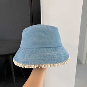 Lolita Style Soft Denim Sun Protection Bucket Hat Women Spring Summer Fisherman Hats Face Slimming Lace Edge Wide Brim Hat