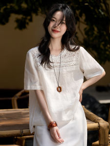 Heavy Lace Linen Half Sleeve Loose Round Neck Shirt