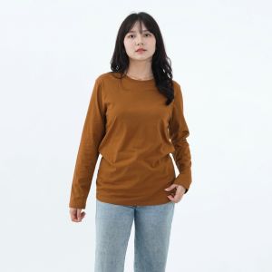 Kaos Polos Wanita Oneck Lengan Panjang Bahan Katun Combed 30s Warna Caramel