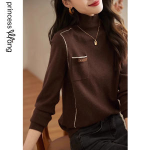 WANGGONGZHU | Princess Style Knitted Base Layer Top Womens Half High Collar Warm Fashionable Simple Autumn Winter Inner Wear Korean Straight Cut Long Sleeve