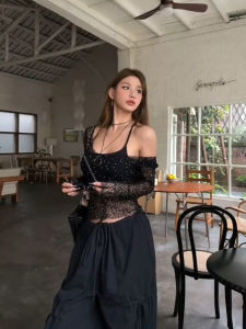 เซ็กซี่ เสื้อยืดป้องกันแสงแดดบางแขนยาวเผ็ด ผู้หญิง Hollow ดีไซน์ พรางหุ่น อินเทรนด์ Cover-up เสื้อท่อนบน With Microrhinestones