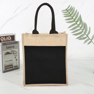Jute Bag Handbag Linen Shoulder Bag with Front Pocket Sacks Women Shopping Bags Tote Laminated Bags Black White Big Bags