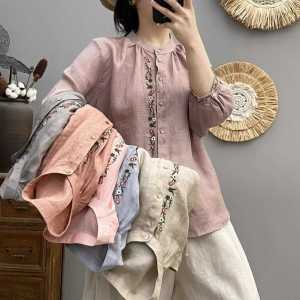 Áo Sơ Mi Vải Lanh Cotton Mùa Hè Mới Rộng Rãi Thêu Dáng Chữ a Cổ Tròn Nhiều Nút Tay Dài Chín Điểm Đa Năng