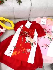 Áo dài cách tân bé gái kèm mấn đội đầu áo dài cách tân váy tay bồng họa tiết hoa lá xinh xắn - Happy Life 4Kid