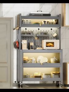 Rak Dapur dengan Pintu Rak Penyimpanan Microwave Lemari Piring Rak Multi-Lapisan Minimalis Rak Dapur Serbaguna