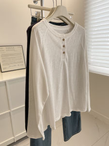 Loose Fit round Neck Long Sleeve T-Shirt Henry Collar Linen Feel Cotton Base Shirt Korean Style Lazy Shoulder Insertion Shirt