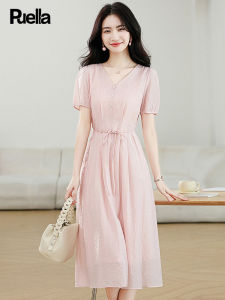 Puella Summer V-neck Womens Dress Elegant Pink Waist-cinching Korean Style Short Sleeve High Waist Midi Skirt Single Piece