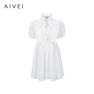 Aivei Summer 2025 White Bubble Sleeve Princess Style Dress High Waist Short Skirt Lyrical Fabric Cotton Blend V Neck Single Button