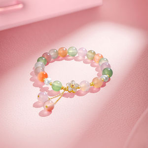 ZHOU LIU FU 周六福 สร้อยข้อมือ S925 Sterling Silver Agate Beaded Bracelets Freshwater Pearl Chalcedony Beads Flower Charm Stretch Bracelet for Women Girl 17CM J1913979