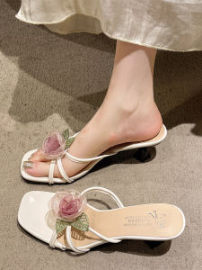 Floral Summer Sandals Womens Outdoor Wear High Heels Slippers Beautiful Fairy Style for Skirts Silver Thin Heel Slippers