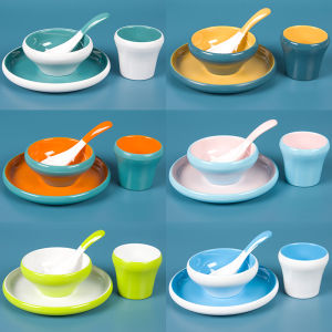 Commercial Melamine Porcelain Four-Piece Set Restaurant Style Double Color Hot Pot Dining Tableware Bowl Plate Cup Spoon