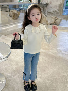 เสื้อยืดคอกลมแขนยาวผู้หญิงฤดูใบไม้ร่วง/ฤดูหนาว 2025 ใหม่ คอตุ๊กตา ผ้าฝ้ายผสม ลายดอกไม้ ชุดเดรสฤดูใบไม้ร่วงสำหรับเด็กผู้หญิง