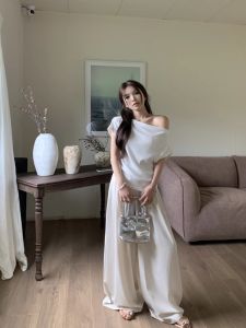Womens Summer Casual T-Shirt Set with Side Shoulder Draped Waist In-Ground Long Pants Loose Wide Leg Pants Two-Piece Set