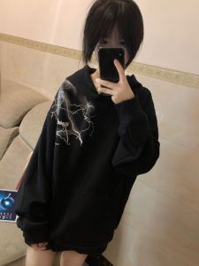 American High Street Style Womens Hoodie Sweatshirt Fleece Lined Lightning Print Oversize Jacket Streetwear Autumn Winter