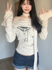 Asian Spice Girl Style Long Sleeve One Shoulder T-Shirt Women Swing Millennium Y2K Sweet And Spicy Jazz Asymmetric Top