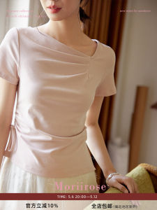 Moriirose Pink/Black Asymmetrical Collar Drawstring Short Sleeve T-Shirt Womens Summer French Vintage Personality Top