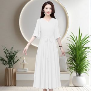 Chiffon Dress Belted Slimming Large Size Mom Bell Sleeve Elegance Maxi Beach Long Skirt V-neck Commute Style Spring Summer Autumn