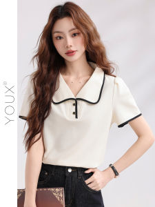 YOUXIANG | Áo Thun Form Rộng Có Cổ Đối Chọi