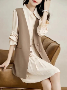 Spring Dress And Jacket Two-Piece Set New Loose Slimming Commute High-End Skirt Womens Fashion Korean Style Long Sleeve A-Line Dress