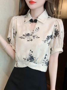 Áo Sơ Mi Tay Ngắn in Họa Tiết Sơn Mài Trung Hoa Mới Áo Cổ Polo Dáng Ôm Mùa Hè 2023 Áo Sơ Mi Hoa Cổ Điển Cỡ Nhỏ