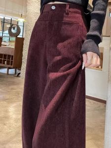 Quần Ống Rộng Nhung Kẻ Cạp Cao Cho Nữ Mùa Thu Đông Quần Ống Đứng Ấm Áp Quần Tây Màu Đỏ Rượu Vang