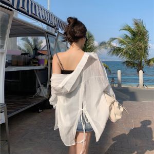 เสื้อเชิ้ตแขนยาวบางฤดูร้อนสำหรับผู้หญิง ดีไซน์เปิดหลัง ทรงหลวม สไตล์เกาหลี เสื้อคลุมคาร์ดิแกนแบบบาง เสื้อผ้าทำงานสไตล์เกาหลี