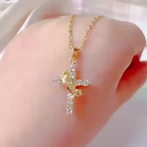 Necklace Womens Cross-Border Creative Personality Titanium Steel Cross Necklace Temperament Hollowed out Colored Zircon Collarb