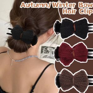 กิ๊ฟติดผมโบว์ไหมพรมสำหรับถักสำหรับผู้หญิงใหม่สำหรับฤดูใบไม้ร่วงฤดูหนาวทำจากผ้ากำมะหยี่ขนยาวกิ๊บติดผมหางม้าอุปกรณ์ติดแต่งผมปลาฉลาม