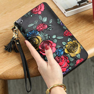 BANYANU Rose Printed Women Cowhide Genuine Leather Wallets Original Ladies Zipper Long Card Holder Purse for Birthday Gift 2025