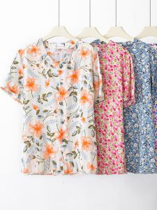 เสื้อเชิ้ตแขนสั้นผ้าไหมคอวีทรงหลวมสำหรับผู้หญิงวัยกลางคนและผู้สูงอายุ ทรงหลวม แขนสั้น ผ้าฝ้ายเทียม ฤดูร้อน บาง
