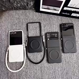 For Magsafe Magnetic Phone Case with Rose Holder Hinge Protection Wrist Strap for Samsung Galaxy Z Flip 8 7 FE 6 5 4 3 5G Cover