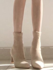 Extremely Beautiful!!! K-style Same Style Skinny Boots Pointed High Heel Nude Color Sleeve Elastic Booties Women
