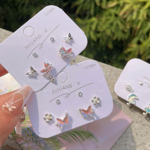 Ready Stock 3 Pair/Set S925 Colorful Aurora Butterfly Earrings Set Fashion Simple Star Earrings