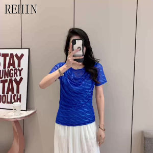 REHIN เสื้อยืดผู้หญิงแฟชั่นใหม่ฤดูร้อนเสื้อยืดผ้าตาข่ายแขนสั้นดีไซน์เป็นชั้นๆและหลากหลายเหมาะสำหรับเสื้อหรือเสื้อที่มีสไตล์