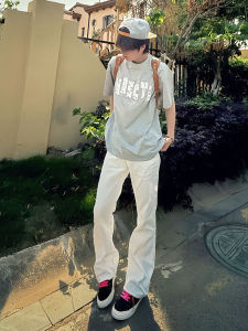 White Slim Fit Summer Thin American High Street Vibe Jeans Mens Casual Straight Leg Bell Bottoms mid High Waist Washed Denim