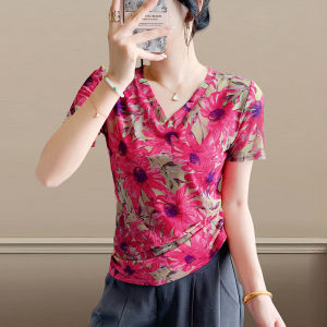 Yimei Áo nữ thanh lịch in màu hồng xinh đẹp áo thun lưới cổ chữ V phiên bản Hàn Quốc Mới Mùa Hè Tay Ngắn