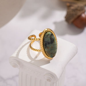 XIANING Vintage Oval Natural Stone Open Adjustable Ring for Women 18K Gold Plated Stainless Steel Fashion Jewelry
