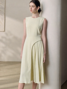 Roey s house | Design Sense Patchwork Pleated Dress Yellow Summer Round Neck Sleeveless