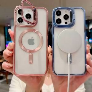 Soft Case Silikon Magsafe Electroplating Metalic Lens Small Window Holder Protective Cover Phone Bracket Steel Kompatibel Untuk Iphone 16 Iphone 16 Plus Iphone 16 Pro Iphone 16 Pro Max
