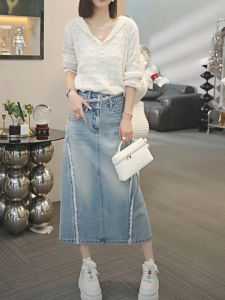 Stylish and Exclusive Lace Knit Top and Denim Skirt Suit