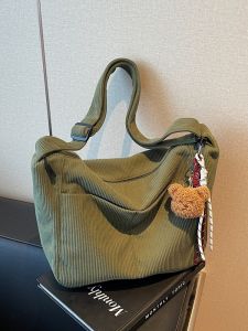 Chic Corduroy Shoulder Bag for Women Casual Commuter Style Large Size Soft Fabric Pure Color Trendy Tote Bag with Side Pocket
