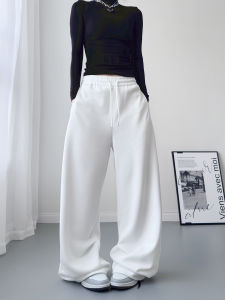 plus Size White Casual Sweatpants Womens 2025 Autumn New Style Lazy Straight Leg Sports Wide Leg Pants High Waist Cotton Polyester Blend