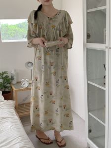 2024 New Cotton Silk Womens Sleep Dress Short Sleeve Anti-Bulge Long Ankle-Length High Waist Dress Nightgown Summer Home Clothes