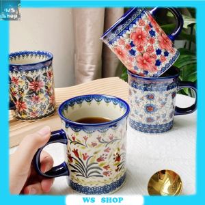 แก้วกาแฟเซรามิกจากโปแลนด์วาดมือเดซี่ความจุขนาดใหญ่440มล. แก้วกาแฟนมใช้ไมโครเวฟถ้วยชา