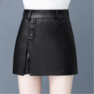 กางเกงขาสั้นหนัง PU สไตล์เกาหลีเอวสูง กางเกงขาสั้นผู้หญิง ทรงหลวม ฤดูใบไม้ร่วง/ฤดูหนาว แฟชั่นใหม่ กางเกงขาสั้นผู้หญิง