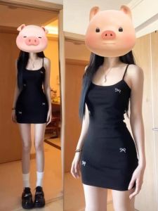 สไตล์อเมริกัน ปมผีเสื้อ สายคล้อง เล็ก สีดำ เดรส ผู้หญิง ฤดูร้อน เพรียวบาง เซ็กซี่ Pure Desire Hot เด็กผู้หญิง ชุดกลางแจ้งแบบสั้น เดรสรัดรูป เดรส