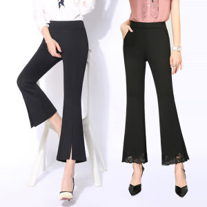 Black Slit Bootcut Trousers Female 2023 Seven Points Fishtail Pants High Waist Slimming Thin Nine Section Lace Flared Pants