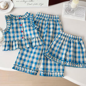 Childrens Clothing Sets Blue Plaid Floral Print Sleeveless Top + Wide Leg Pants + Shorts 3 Pcs Sets Kids Clothes for Girls