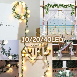 10/20/40leds Rose Flower Vine LED String Lights Battery Powered Green Leaf Fairy Garland for Christmas Party Valentines Day Decor
